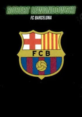 FC Barcelona crest with Robert Lewandowski name on 2023-24 Topps Showtime UEFA Club card