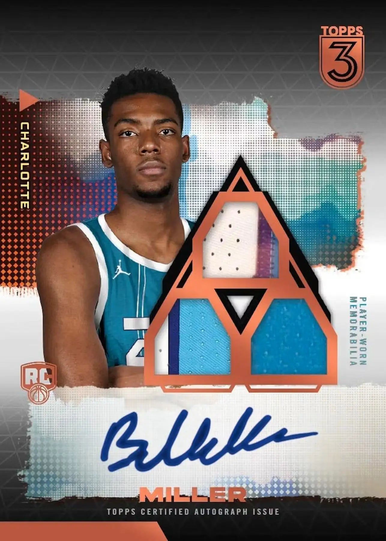 Brandon Miller autographed basketball card with patch autograph in 2023-24 Topps Three Basketball Hobby Box