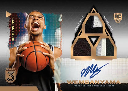 Victor Wembanyama basketball card with patch autographs from 2023-24 Topps Three Basketball hobby box