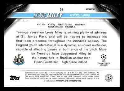Back of 2023-24 Topps UEFA Club Competitions Lewis Miley trading card display