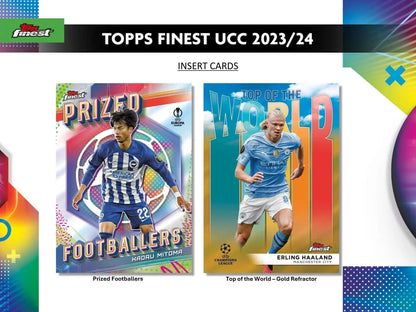 Product ad for Topps Finest UEFA Champions League cards featuring Refractor and Red Parallels
