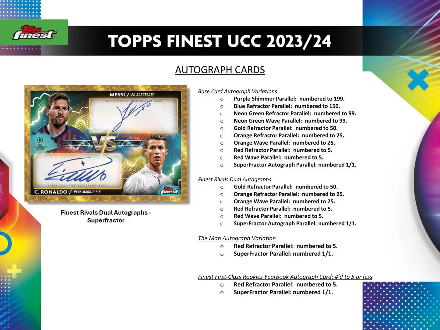 Product information slide showcasing autograph card details from 2023-24 Topps Finest