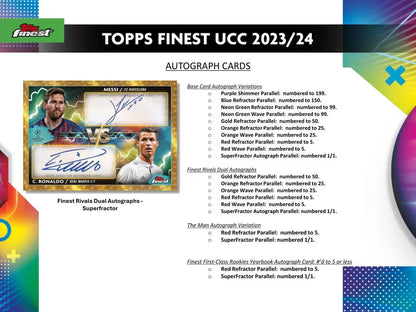 Product information slide showcasing autograph card details from 2023-24 Topps Finest