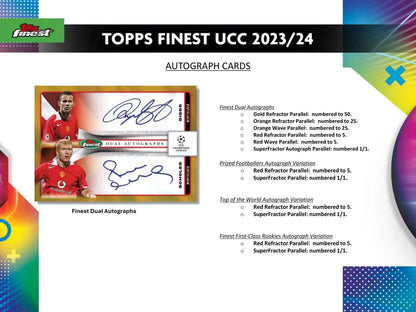 Product information slide featuring autograph cards from Topps Finest UCC 2023/24 collection