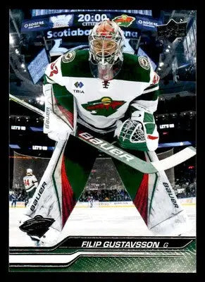 Hockey goalie in stance for Filip Gustavsson 2023-24 Upper Deck Minnesota Wild card