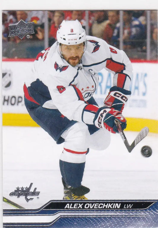 Hockey trading card of Alex Ovechkin Washington Capitals in white jersey from Upper Deck