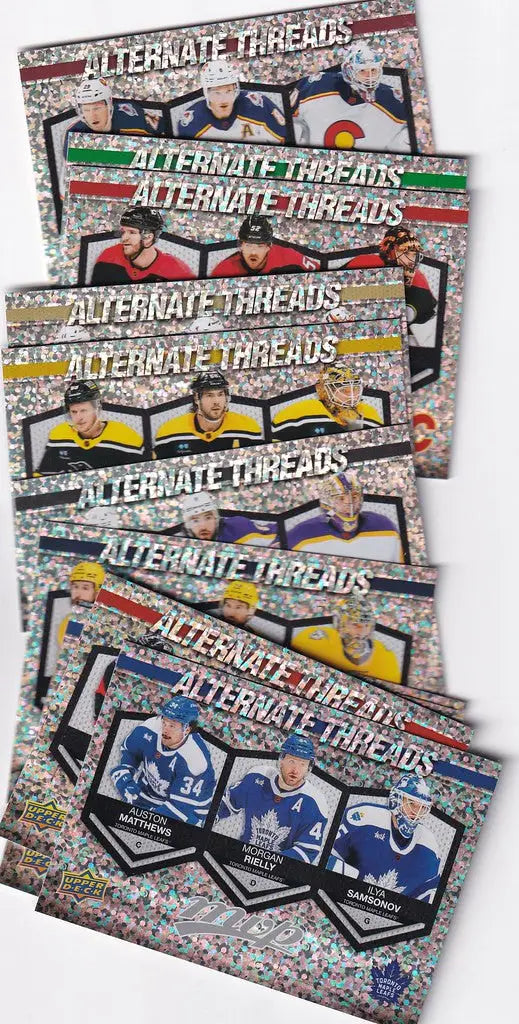 Collection of Upper Deck Alternate Threads sports trading cards featuring various athletes