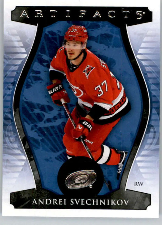 Andrei Svechnikov in red Carolina Hurricanes jersey, featured in Upper Deck Artifacts card