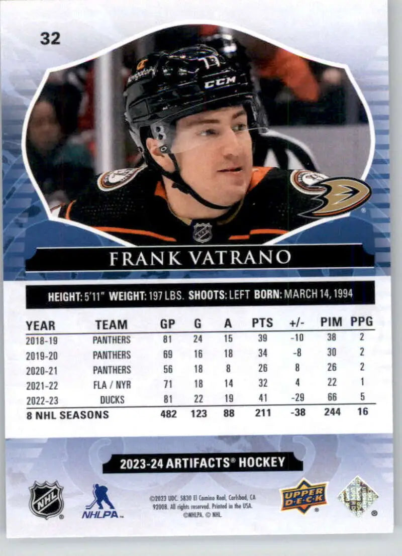 Hockey card of Frank Vatrano showcasing statistics for Anaheim Ducks 2023-24 season
