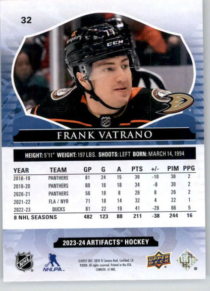 Hockey card of Frank Vatrano showcasing statistics for Anaheim Ducks 2023-24 season