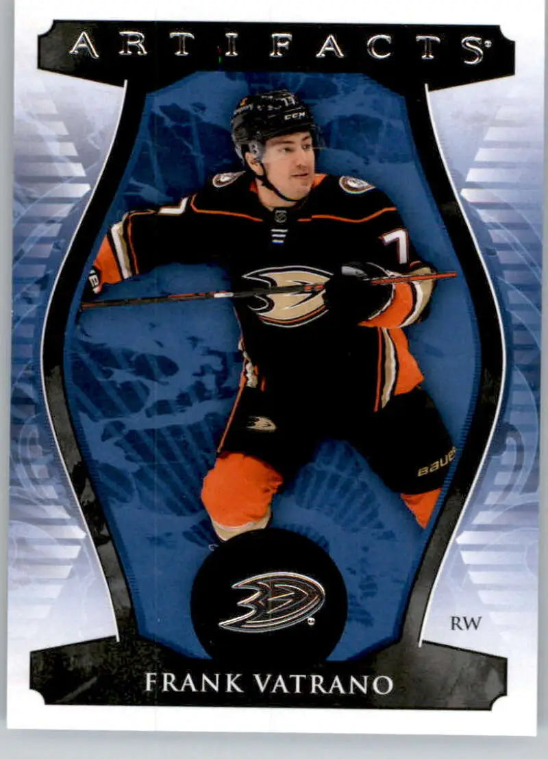 Hockey card of Frank Vatrano in Anaheim Ducks black and orange jersey