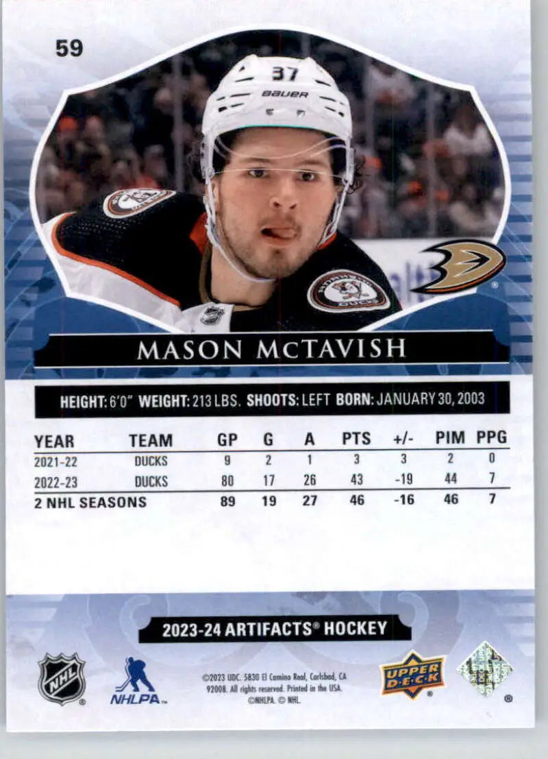 Hockey card featuring Mason McTavish from Upper Deck Artifacts for Anaheim Ducks