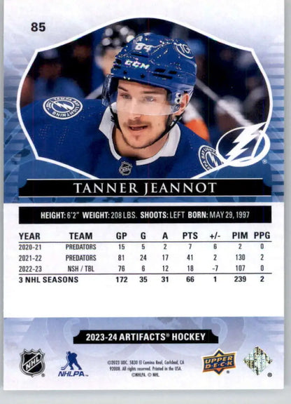 Tampa Bay Lightning hockey trading card of Tanner Jeannot in blue jersey 2023-24 Artifacts