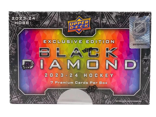 Box of 2023-24 Upper Deck Black Diamond hockey cards featuring diamond relic rookies