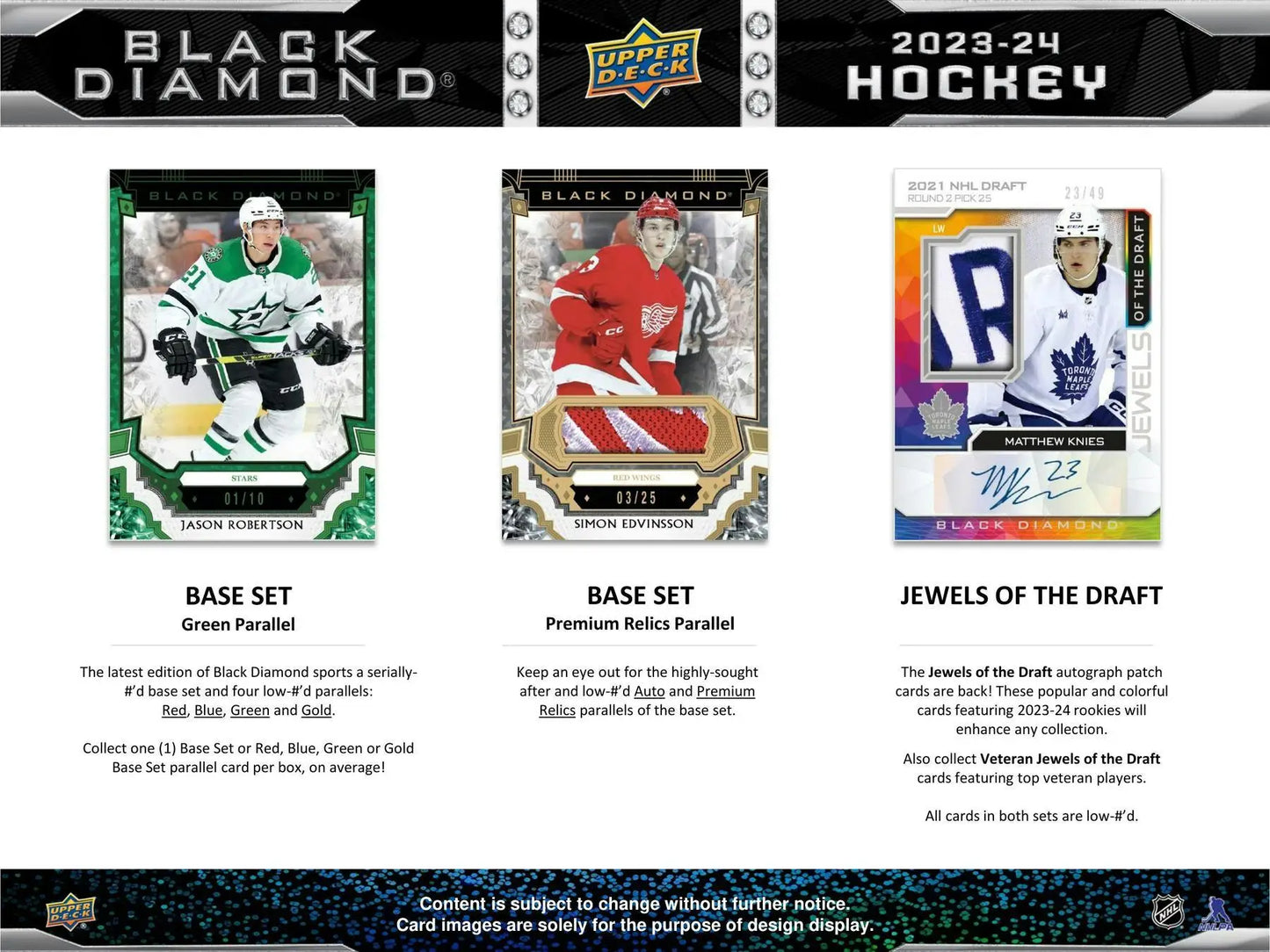 Hockey trading cards from 2023-24 Upper Deck Black Diamond Hobby Box featuring diamond relics and rookies