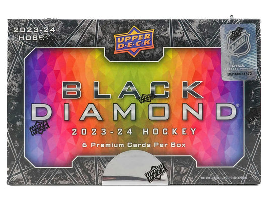 Black Diamond hockey card box featuring diamond relics and rookies from 2023-24 Upper Deck
