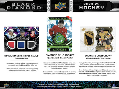 Hockey card product advertisement for 2023-24 Upper Deck Black Diamond Hobby Box featuring diamond relics and rookies