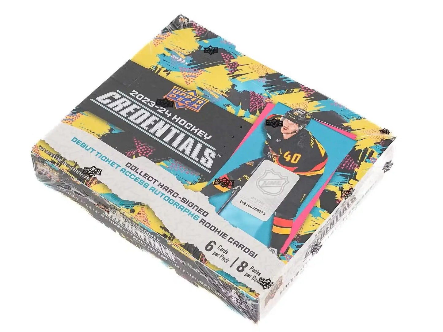 Sealed box of 2023-24 Upper Deck Credentials hockey cards with debut ticket access