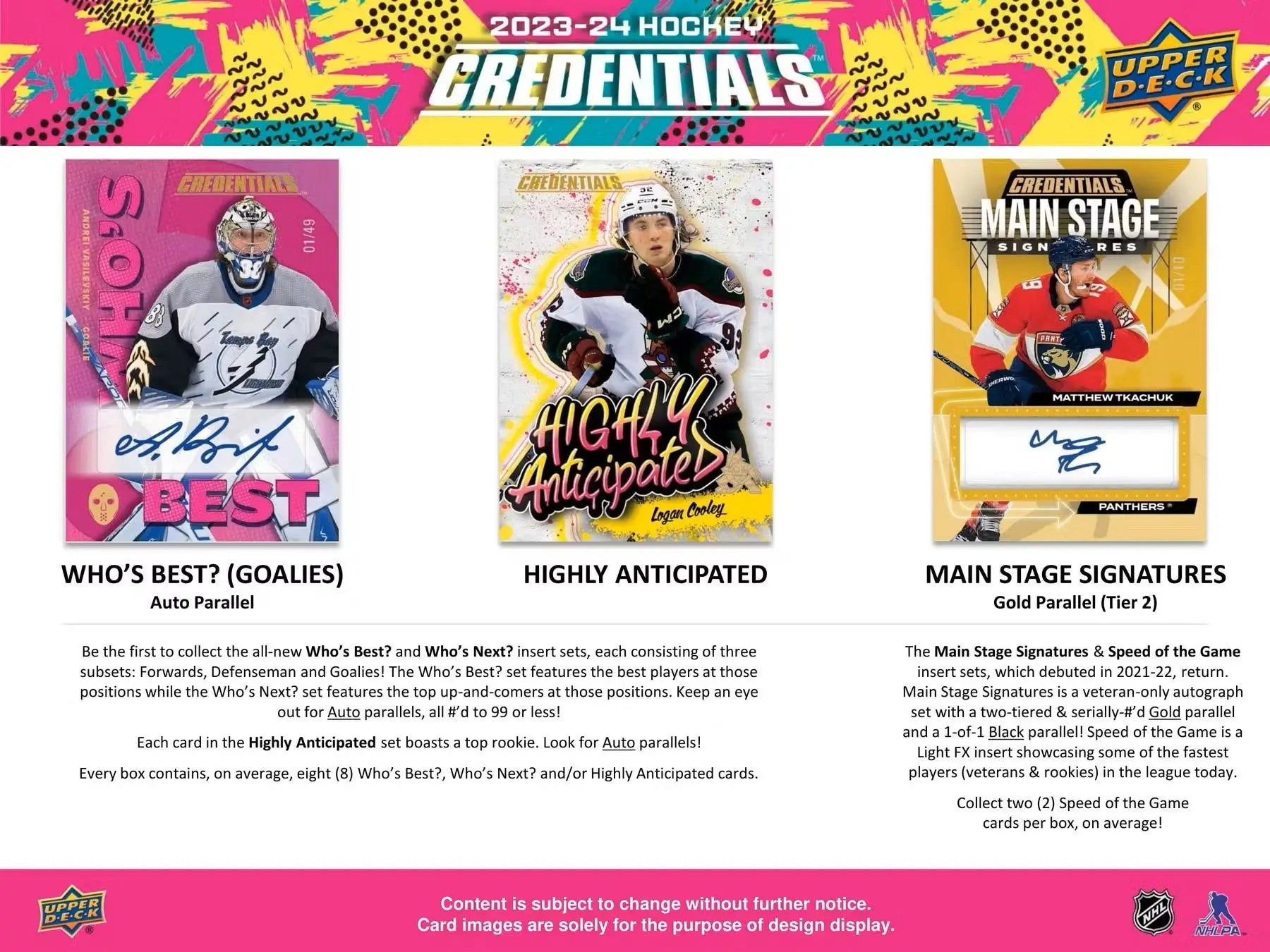 Hockey trading cards from 2023-24 Upper Deck Credentials Hobby Box with debut ticket access