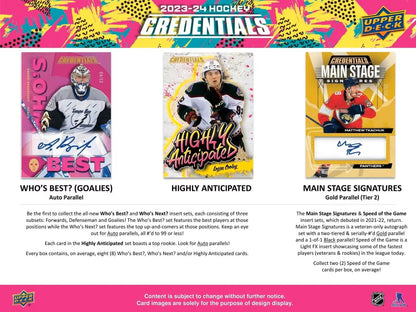 Hockey trading cards from 2023-24 Upper Deck Credentials Hobby Box with debut ticket access
