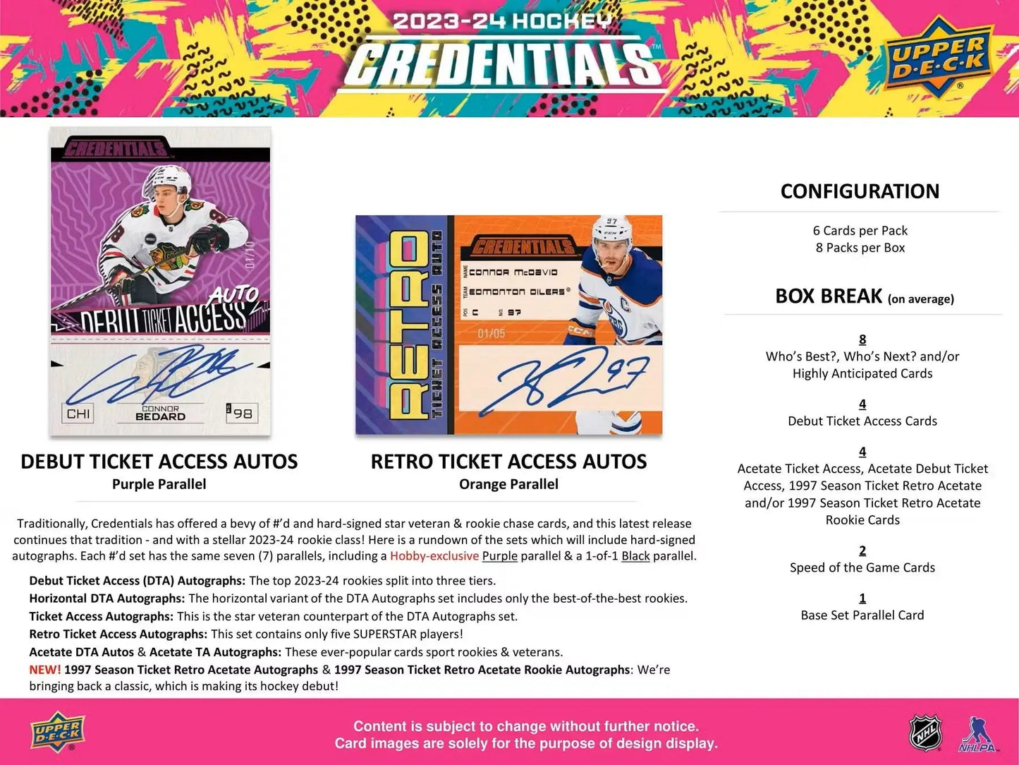 Hockey card product advertisement for 2023-24 Upper Deck Credentials Hockey Hobby Box with debut ticket access