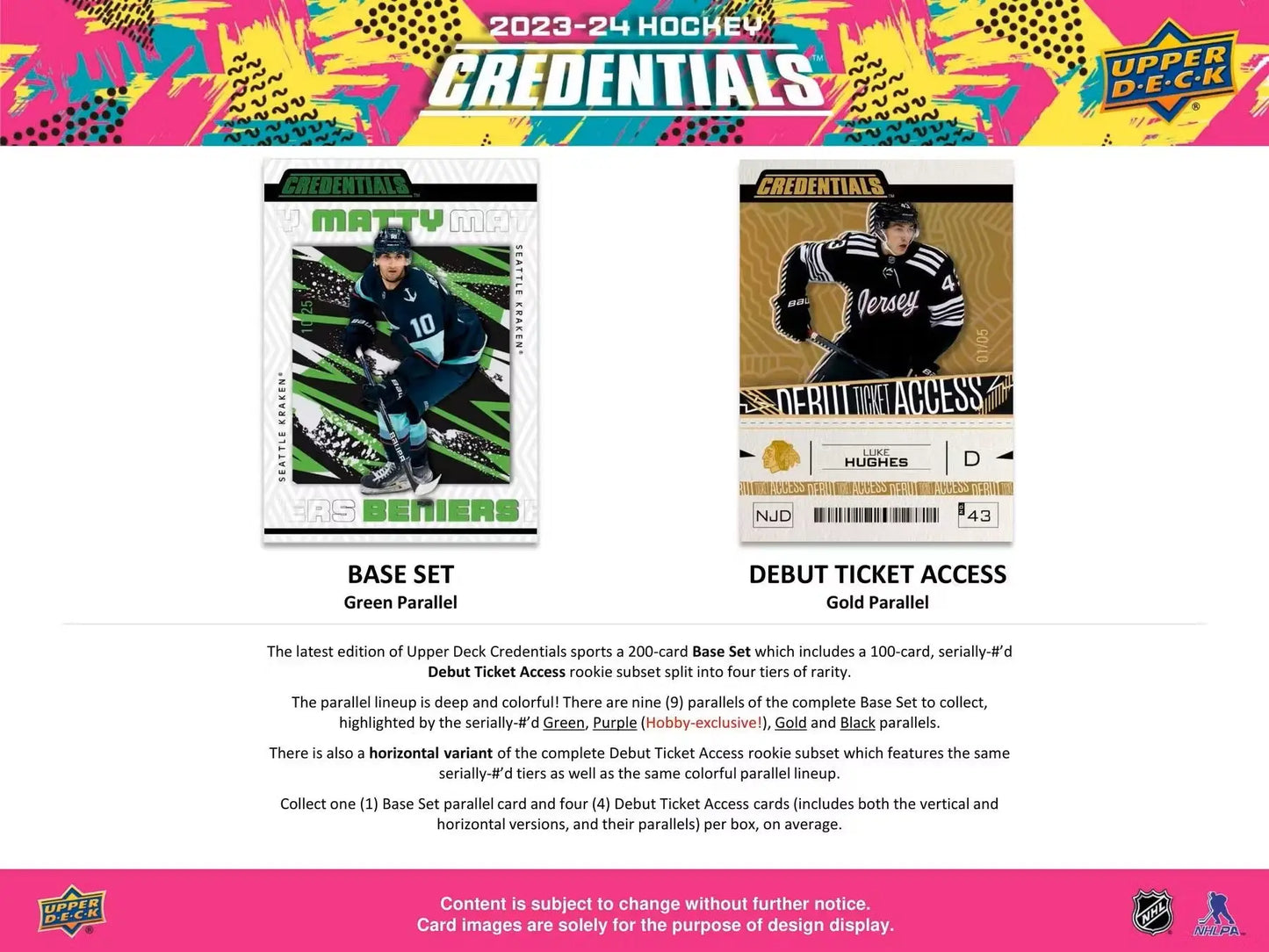 Two hockey trading cards featuring debut ticket access inside 2023-24 Upper Deck Credentials Hobby Box