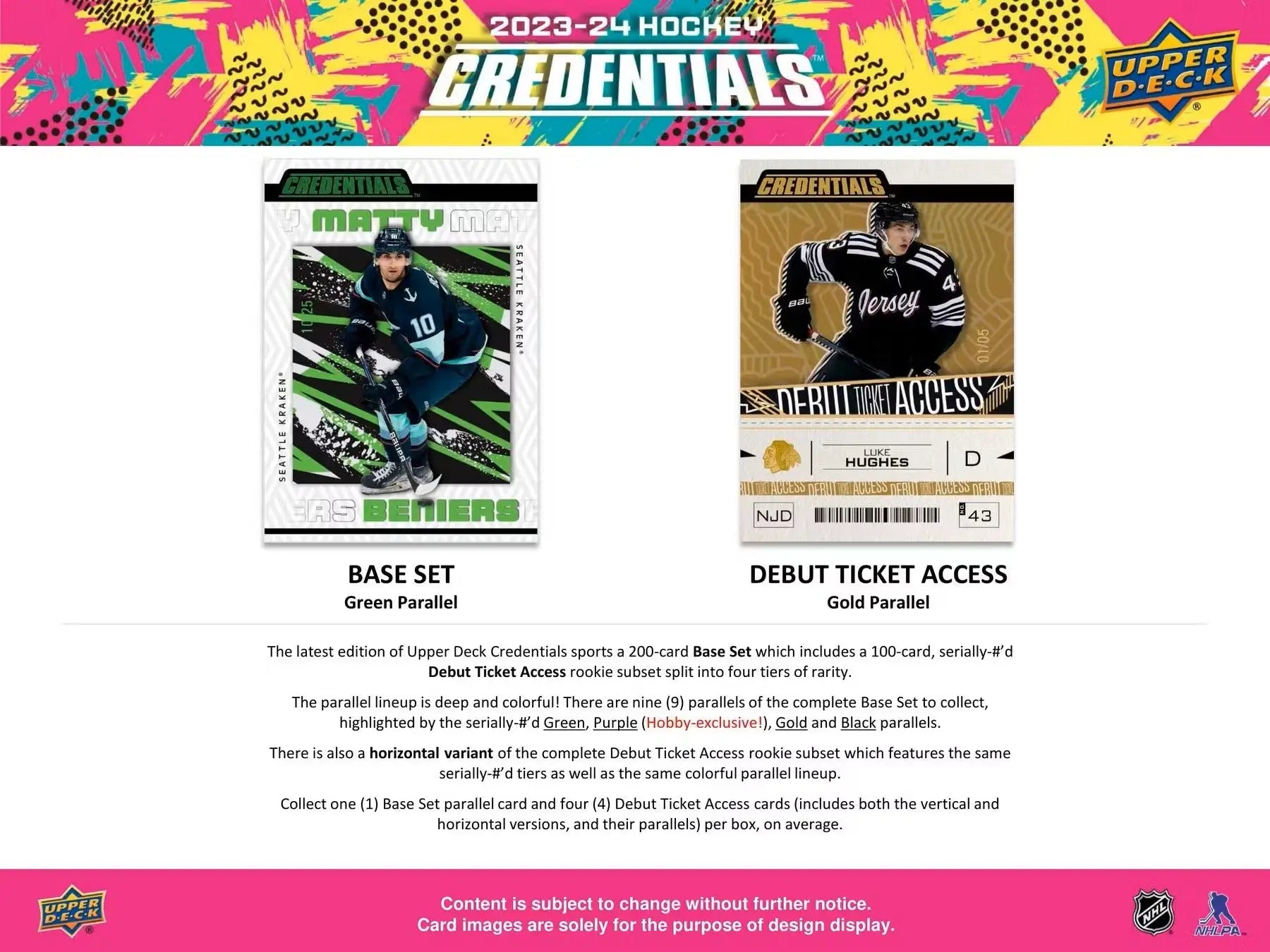 Two hockey trading cards featuring debut ticket access inside 2023-24 Upper Deck Credentials Hobby Box