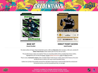 Two hockey trading cards featuring debut ticket access inside 2023-24 Upper Deck Credentials Hobby Box