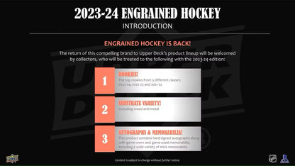 Hockey card product introduction featuring 2023-24 Upper Deck Engrained Hobby Box with rookie updates
