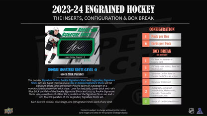 Hockey card advertisement showing signature shots and rookie update in 2023-24 Upper Deck Engrained Hobby Box