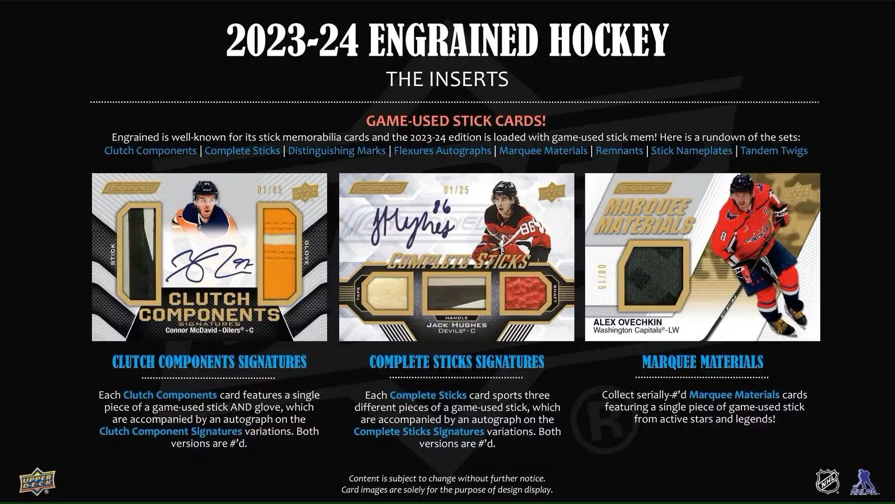 Hockey card inserts featuring signature shots, base set, and rookie update from 2023-24 Upper Deck Engrained Hobby Box