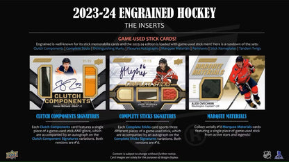 Hockey card inserts featuring signature shots, base set, and rookie update from 2023-24 Upper Deck Engrained Hobby Box