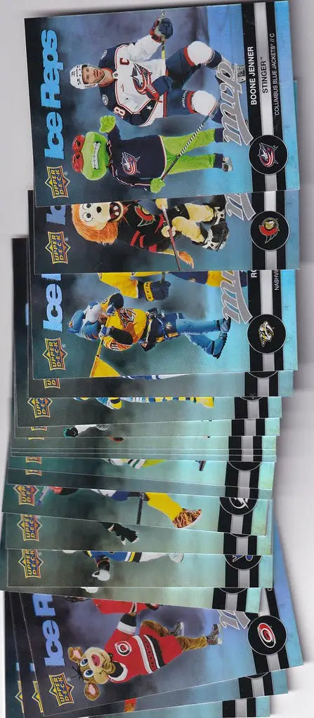 Stack of Upper Deck Ice trading cards featuring players from the Ice Reps subset