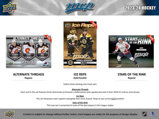 Hockey card collection advertisement featuring 2023-24 Upper Deck MVP base set and ice battles