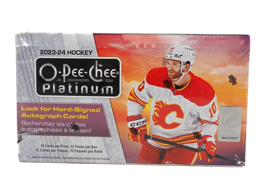 Sealed 2023-24 O-Pee-Chee Platinum Hockey trading card box with base set and marquee rookies