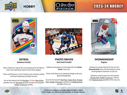 Sales sheet for 2023-24 Upper Deck O-Pee-Chee Platinum Hockey base set and insert sets