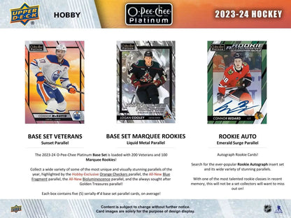 2023-24 Upper Deck O-Pee-Chee Platinum Hockey Hobby Box with base set veterans and marquee rookies trading cards