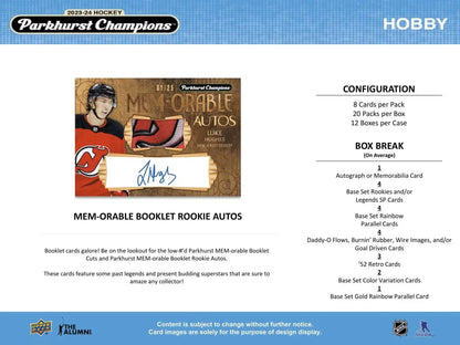Promotional flyer for 2023-24 Upper Deck Parkhurst Champions Hockey Hobby Box with base set and auto parallel details