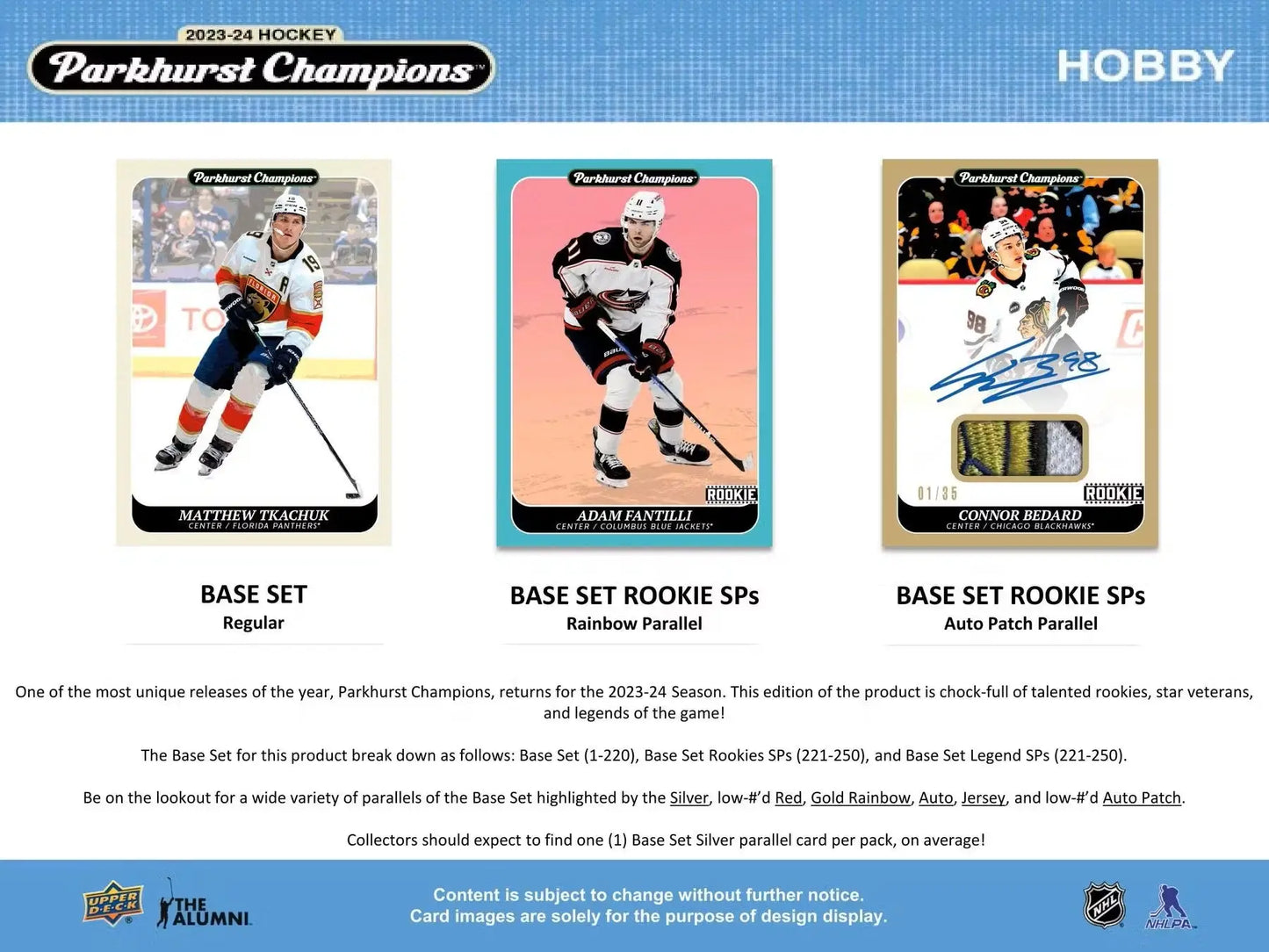 2023-24 Upper Deck Parkhurst Champions Hockey Hobby Box with base set, auto parallel, and legends