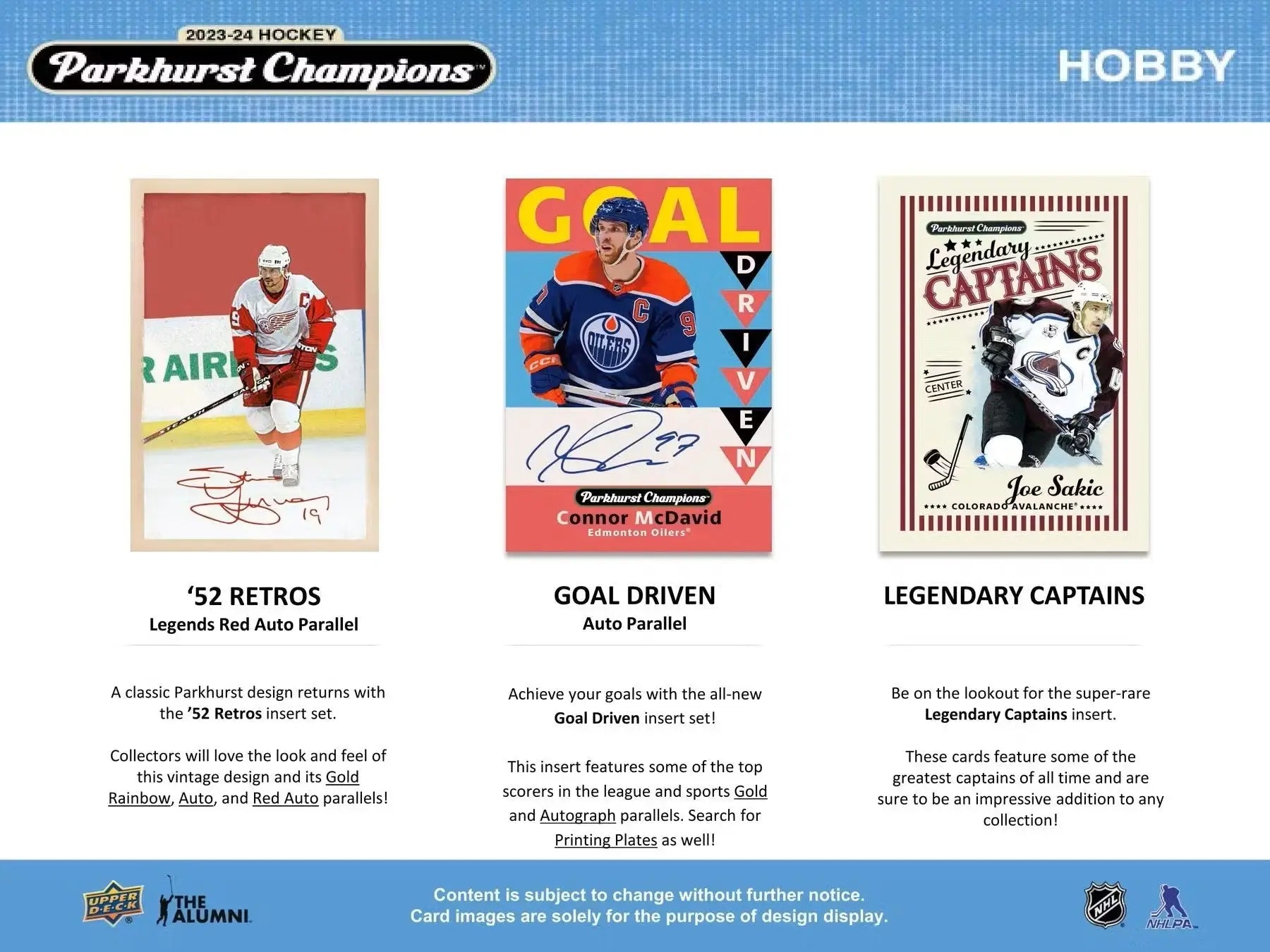 Promotional flyer for 2023-24 Parkhurst Champions Hockey trading cards with base set and auto parallel
