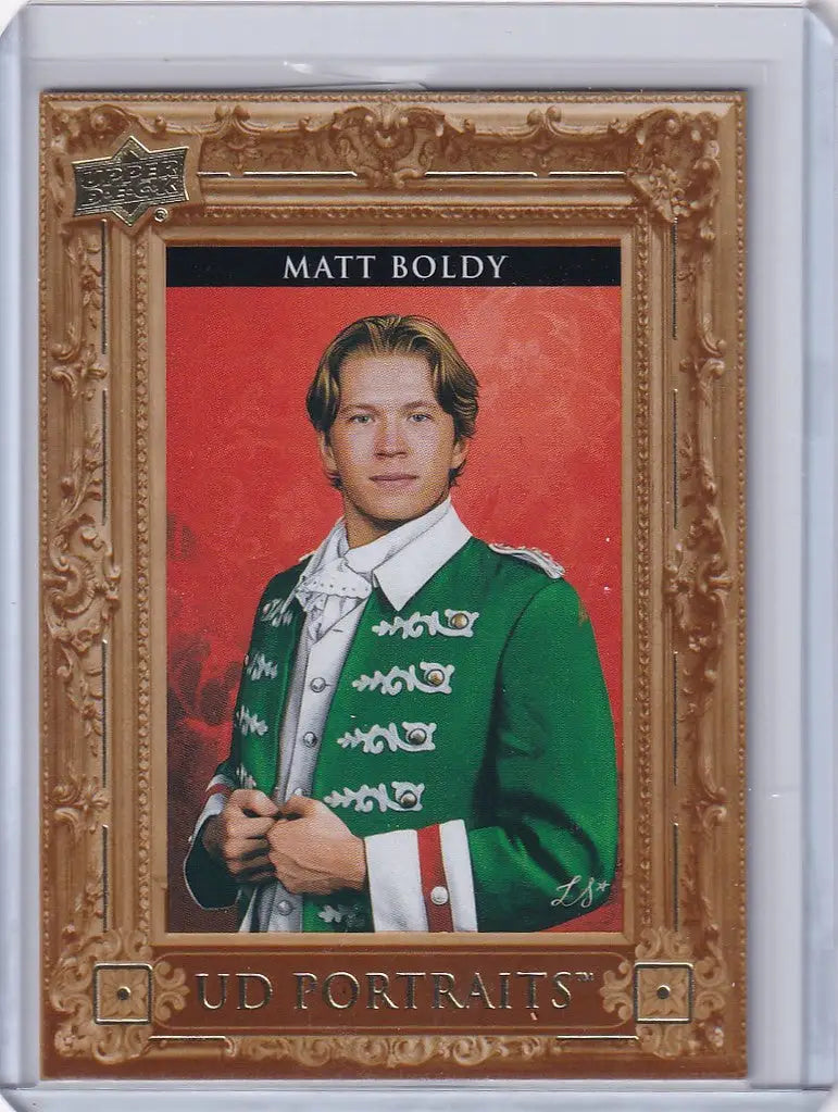 Upper Deck Series 1 Portrait of Matt Boldy in ornate green jacket on red background