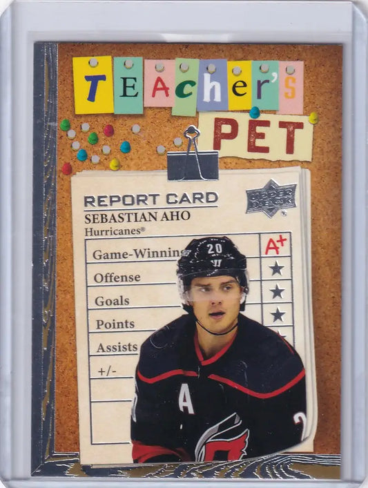 Hockey player card featuring Sebastian Aho Carolina with a Teacher’s Pet report card theme
