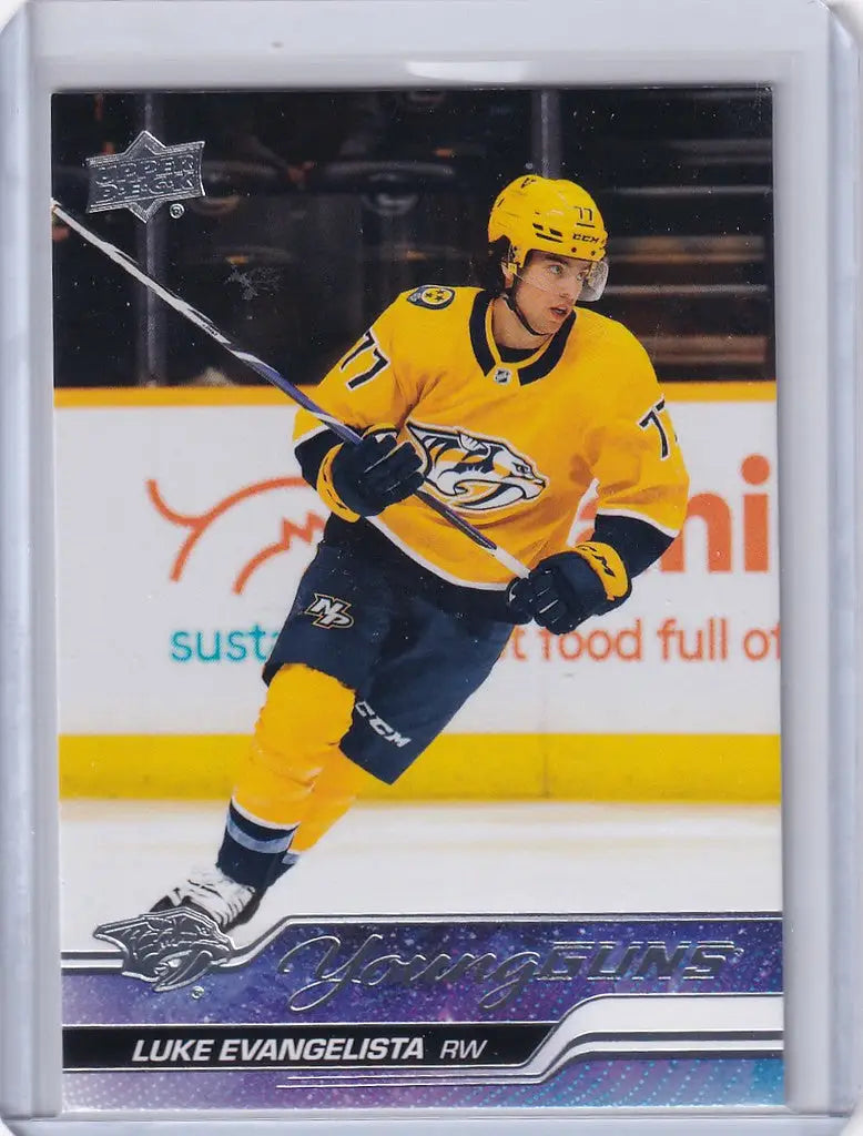 Hockey player in yellow Nashville Predators jersey from Upper Deck Series 1 Young Guns card