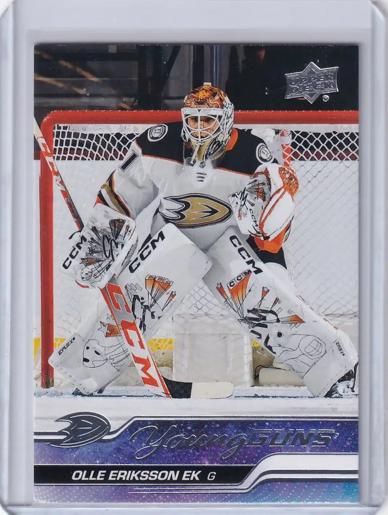 Hockey goalie in white Anaheim Ducks jersey from Upper Deck Series Young Guns 249