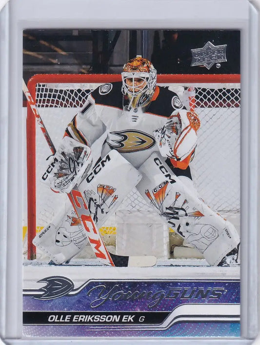 Hockey goalie in white Anaheim Ducks jersey from Upper Deck Series Young Guns 249