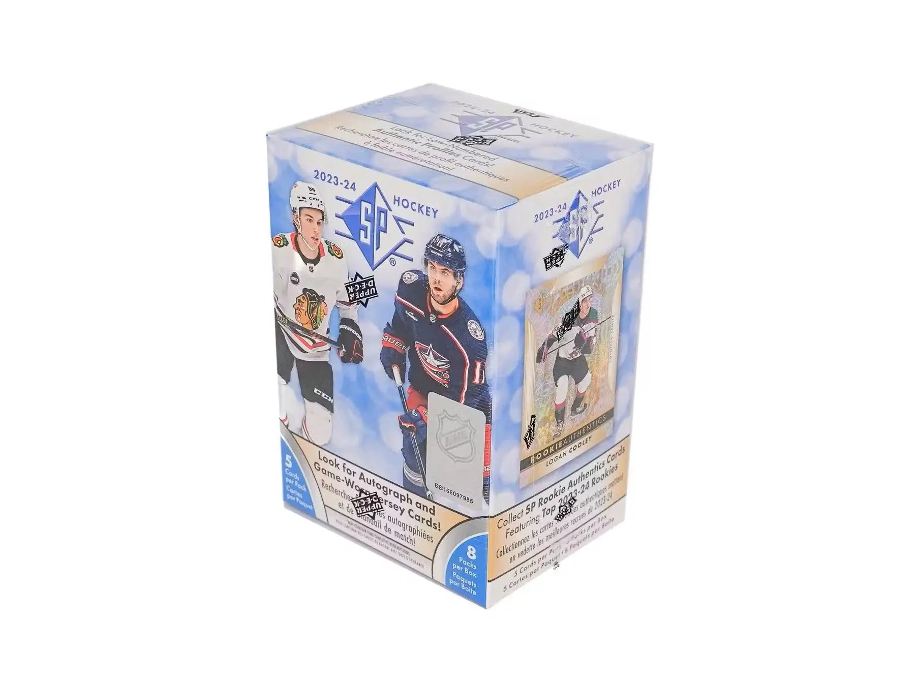 Sealed 2023/24 Upper Deck SP Hockey 8-Pack Blaster Box with rookie authentics and patterned foilboard