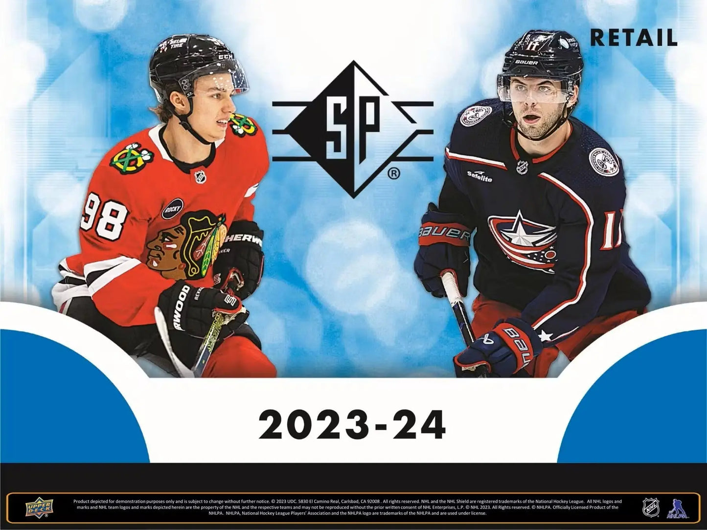 Promotional poster for 2023-24 Upper Deck SP NHL trading cards with rookie authentics