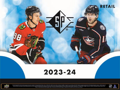 Promotional poster for 2023-24 Upper Deck SP NHL trading cards with rookie authentics