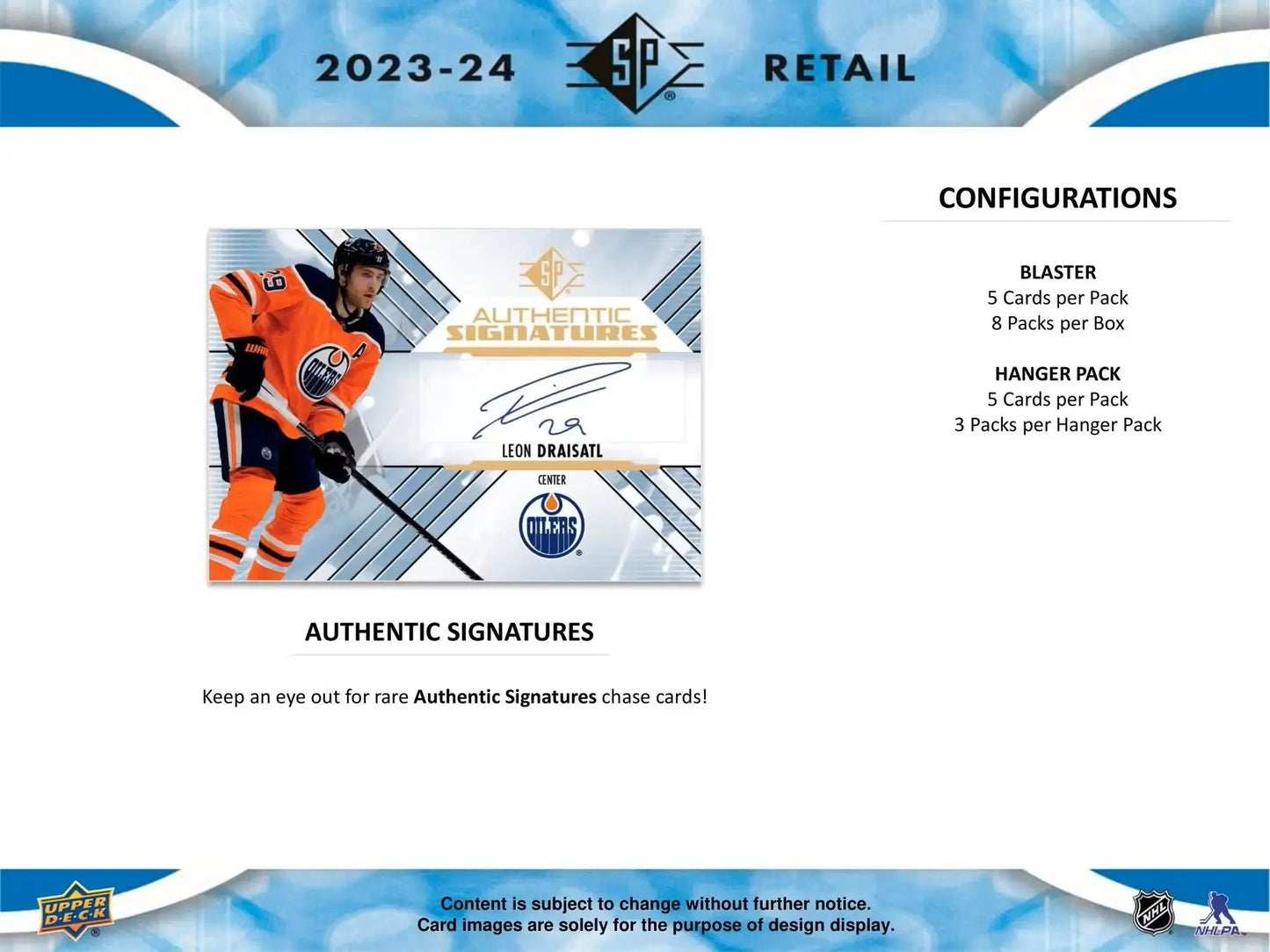 Retail hockey card advertisement for 2023/24 Upper Deck SP Blaster Box featuring rookie authentics and patterned foilboard