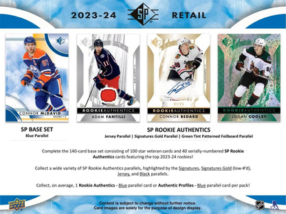 2023/24 Upper Deck SP Hockey blaster box with rookie authentics and patterned foilboard cards
